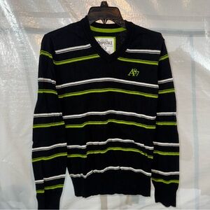 Aeropostale Men's Black Sweater with Green and White Stripes